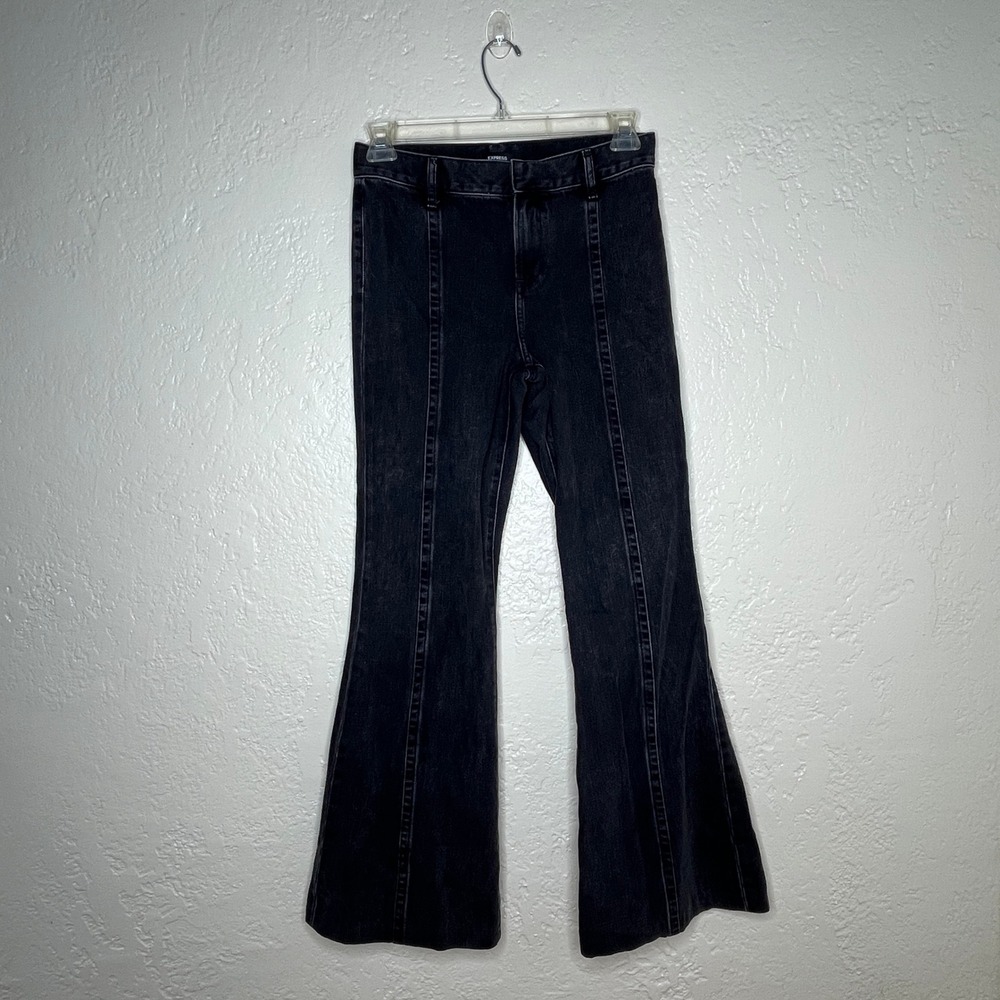 Express 70s Flare Mid Rise‎ Washed Black Denim Jeans 4R 007151638